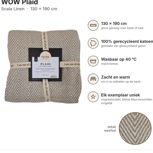 Wow Plaid 130x190 cm – Scala Linen – 100% Gerecycleerd Katoen – Woondeken / Plaid voor Bank en Bed Beige