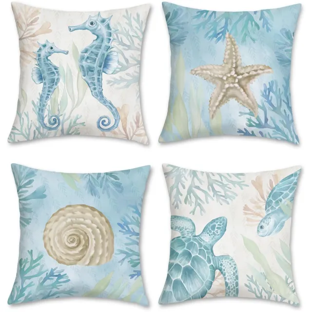 Ibenzoa Set van 4 Decoratieve Kussenslopen met Oceaan Thema, 45 x 45 cm, Fluweelzacht en Stijlvol blauw wit