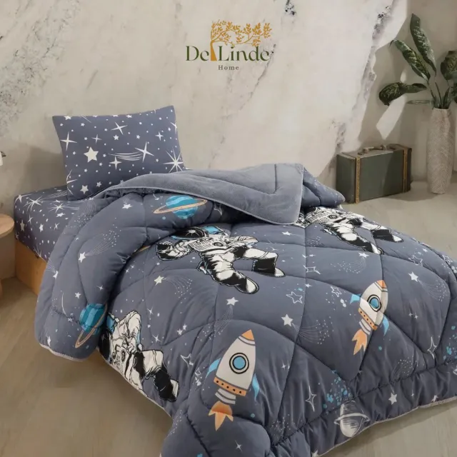 De Linde Home Dekbed zonder overtrek, 4 Seizoenen Dekbed, Teddy, Wasbaar Dekbed, Inclusief Kussensloop, Grijs, 140x200 cm, Eenpersoons, Kinderdekbed zonder overtrek, Astronautenprint, Bedrukt dekbed, Teddy Dekbedovertrek, 2 in 1, Hoesloos Dekbed, De Linde Home