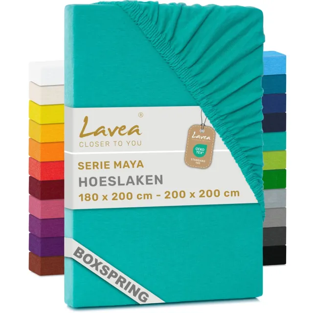 lavea Hoeslaken 180x200cm 100% Katoen – Hoge Hoek 35 cm voor Dikke Matrassen – met Elastiek Rondom in Jersey – voor Boxspring – Turquoise