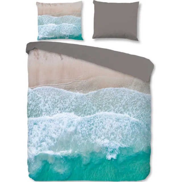Cheqo Dekbedovertrek 200x220 cm - Zee en Strand Print - Blauw/Beige - 2 Persoons - 100% Zacht Microfiber NTBB