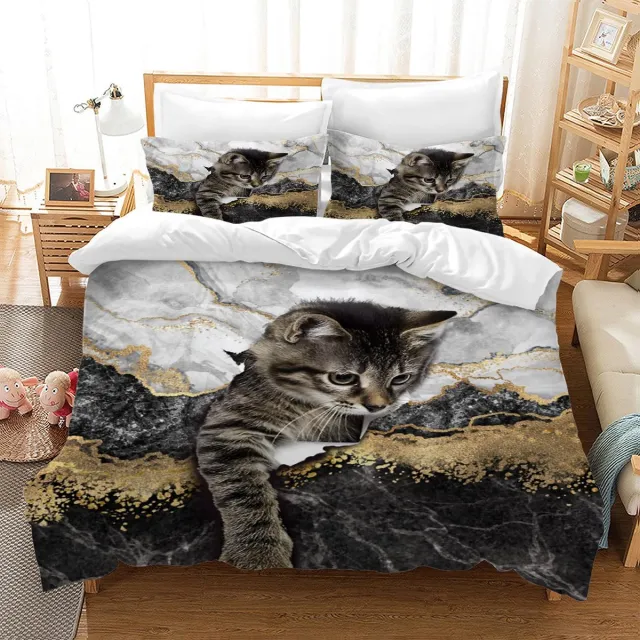 Ibenzoa Schattig kattenmotief dekbedovertrek set voor kinderen met kussenslopen Zwart-wit