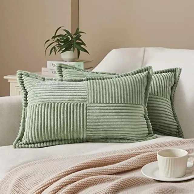 Ibenzoa Set van 2 Corduroy Kussenslopen, 30 x 50 cm, Groen, Moderne Geometrische Patronen – Perfect voor Slaapkamer en Woonkamer