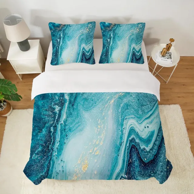 Unyqoos Stijlvol marmer beddengoedset met 3D-print en zachte microvezel blauw