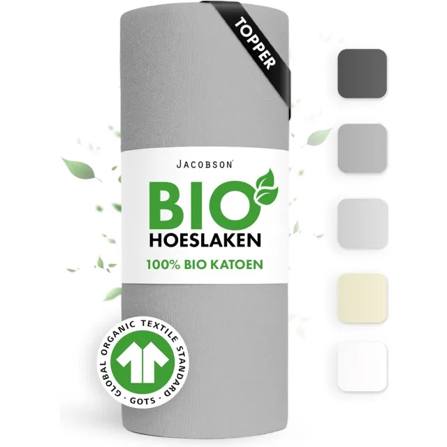 JACOBSON Hoeslaken Topper – 100% Biologisch Katoen – 200x200 cm – tot 10cm matrasdikte– 160 g/m² – Grijs