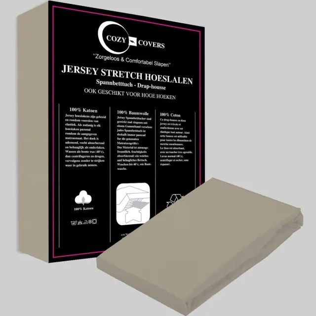 Cozy Covers Jersey hoeslaken 100% katoen 140x200 cm - rondomelastiek + 30 cm matrasdikte - Taupe