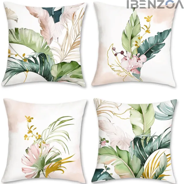 Ibenzoa Kussensloop Set - Groen;Roze - 40x40 cm - Fluweel - Tropische Bladeren