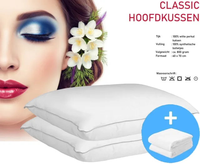 iSleep Classic Hoofdkussen Set (2 Hoofdkussens + 2 Moltonslopen) - Puntkussen - 60x70 cm Wit