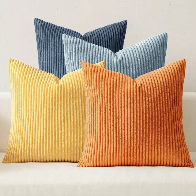 SNQ Vierdelige corduroy kussenhoezenset - blauw en oranje - 45x45 cm - gestreept patroon - decoratieve kussenhoezen voor banken en woonkamers - herfstcollectie - binnenkussen niet inbegrepen