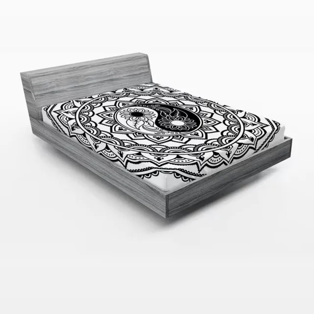 ABAKUHAUS Tribal Fitted Sheet, Eastern Blossom Yin Yang, zacht stoffen beddengoed rondom elastisch elastiek, 135 x 190 cm, witzwart Wit-zwart
