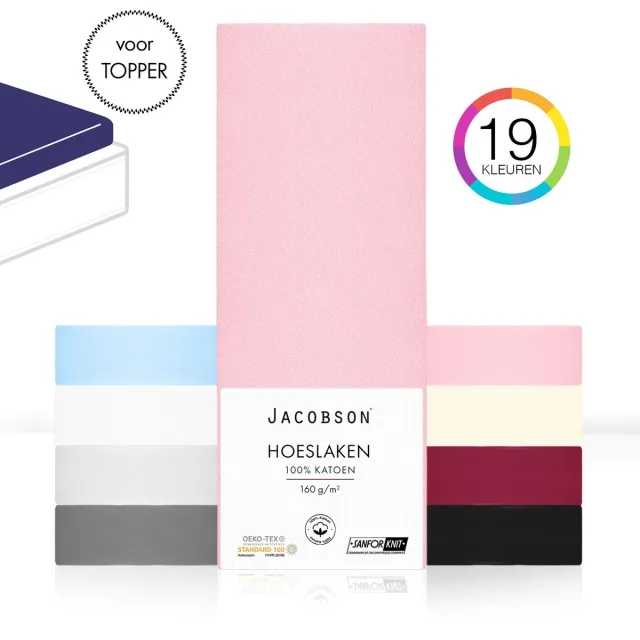 JACOBSON Hoeslaken Topper – 100% Jersey Katoen – 200x200 cm – Roze