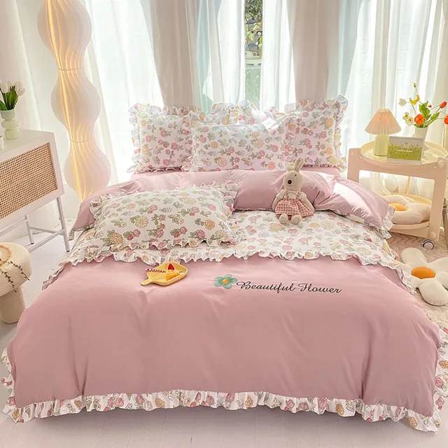 Ibenzoa Roze Bloemen Dekbedovertrekset Enkel Bed met Kussensloop en Volant