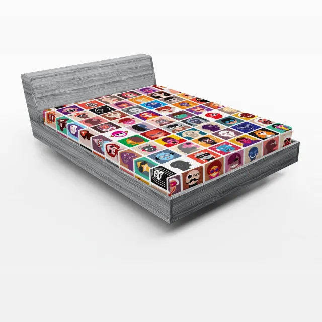 ABAKUHAUS Collage Hoeslaken, Vrolijke Geanimeerde Portretten, Zachte Decoratieve stof met Elastische Band, 140 x 200 cm, Multicolor Meerkleurig