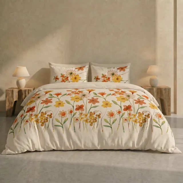 Dreamers Den Fleurette Terra – Dekbedovertrek 100% Katoen met Bloemenprint en Extra Lange Instopstrook – Tweepersoons 200x200/260 cm