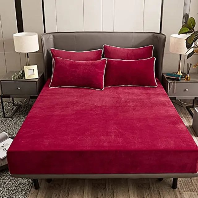 Ibenzoa Warme en Fluweelzachte Hoeslaken voor Winterse Nachten in Wijnrode Kleur Flannel Wine Red