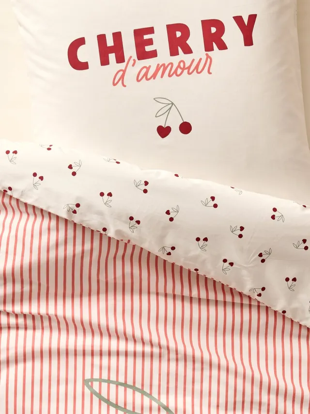 vertbaudet Bedovertrek en kussensloop CERISES RAYURES met gerecycled katoen Rood Gestreept