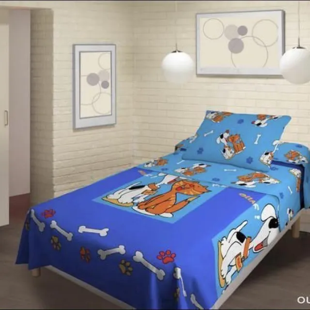 Better Nights Dekbedovertrek Ouaf Hond en kat 140x200 cm 100% Katoen – Blauw – Hondenprint – Kinder Dekbedovertrek – 1 Persoons