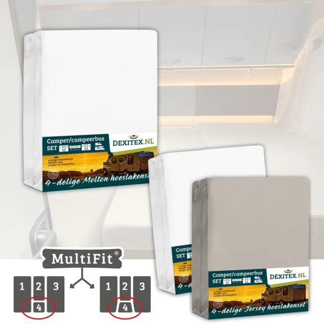 dexitex 1 x Molton 1 x Hoeslaken Wit + 1 x Zandkleur Hoeslaken / 4 delige set-Geschikt voor Camper lengtebedden of enkele bedden 1 molton/ 2 x hoeslakens Wit+ Zandkleur