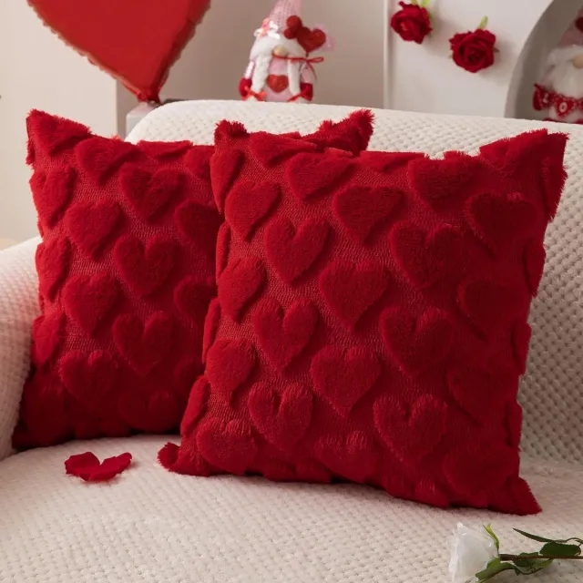 SNQ 2 romantische hartvormige kussenslopen - Rood - Zachte pluche met hartpatroon - 45x45 cm - Geschikt voor banken en slaapkamers