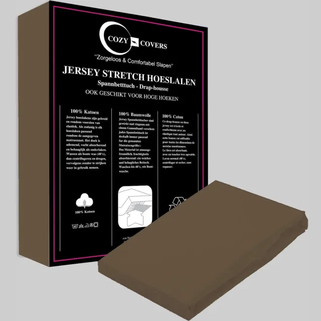 Cozy Covers Jersey hoeslaken 100% katoen 180/160x200 cm - rondomelastiek + 30 cm matrasdikte - Donkerbruin
