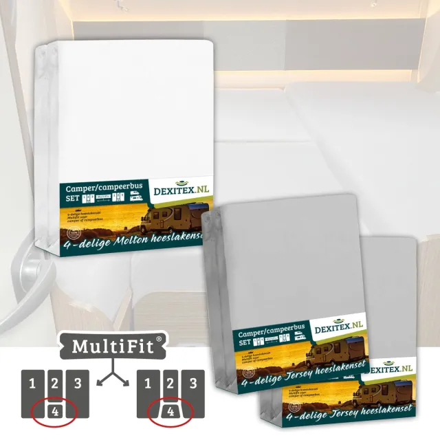 dexitex 1 x Molton 2 x Hoeslaken licht grijs / 4 delige set-Geschikt voor Camper lengtebedden of enkele bedden 1 molton/ 2 x hoeslakens Lichtgrijs