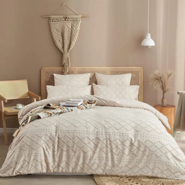 LUCKICE Boho Beddengoedset - Zachte Microvezel - Getuft Geometrisch Borduurwerk - Met Ritssluiting Beige