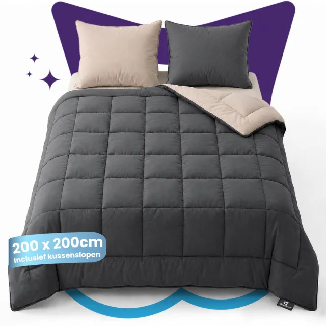 Slaapspeciaal Eazydekbed Supersoft Antraciet/Taupe - Wasbaar Dekbed - Dekbed zonder Overtrek - Hoesloos Dekbed - All Year Dekbed - 2 in 1 Dekbed - Incl. 2 Kussenslopen - 200x200 cm