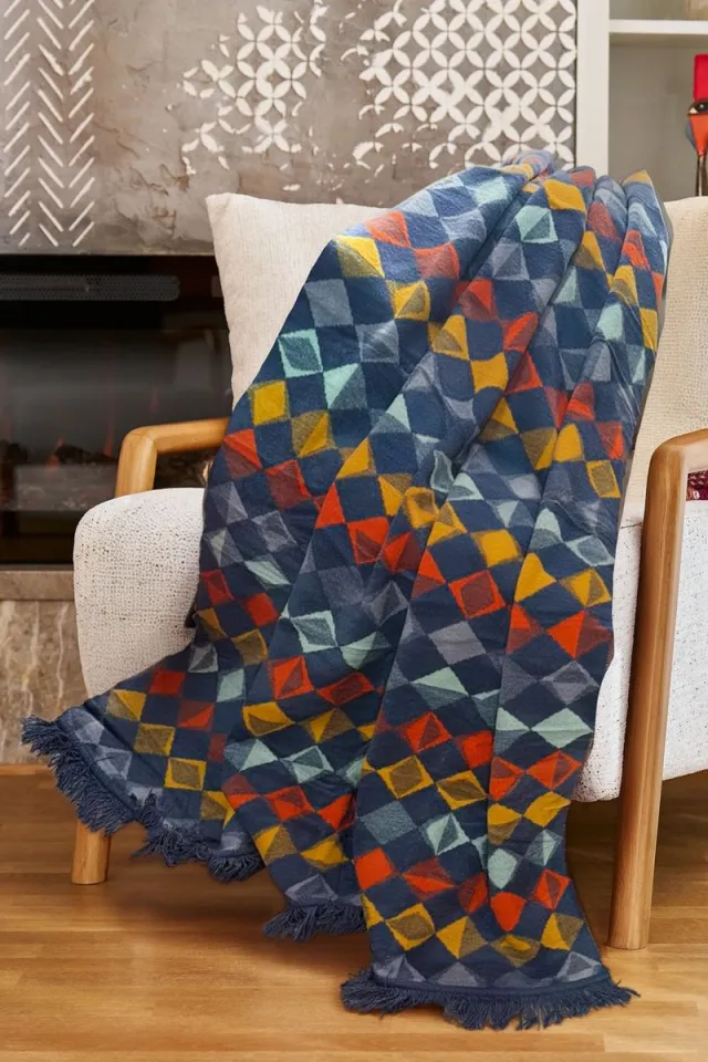 Boraboi Katoenen Deken- 150x200 cm ,(Donker blauw,grijs,orange,geel) 500 GSM – Ademend & Zacht – Dubbelzijdig – Vier Seizoenen Kleurjik