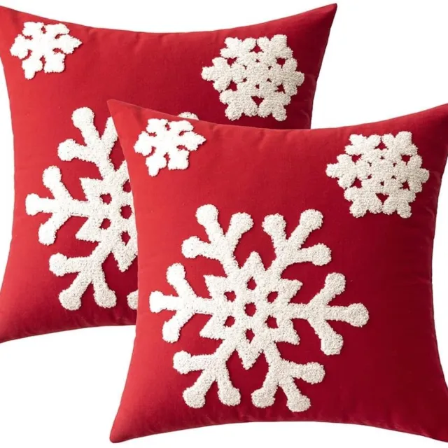 Mrilary 2 kerstkussenslopen met sneeuwvlokken en kwastjes, decoratieve kussenhoezen voor kerstfeestjes, bank, bed, woonkamer, 45*45 cm, rode sierkussenhoezen met sneeuwvlokken, kerstdecoratie rood