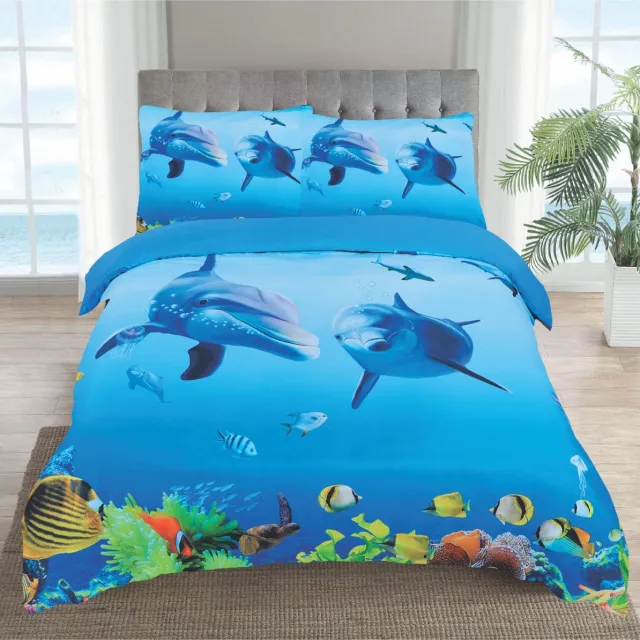 Husch Dekbedovertrek Set Blauw Dolfijnen & vissen 2Persoons- Lits-jumeaux -240 x 220-cm + 2 kussenslopen 60x70cm Multi