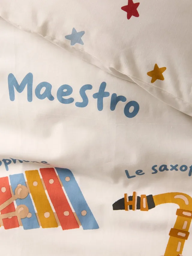 vertbaudet Bedset dekbedovertrek + kussensloop voor kinderen MUSIQUE LEXIQUE met gerecycled katoen Wit Bedrukt