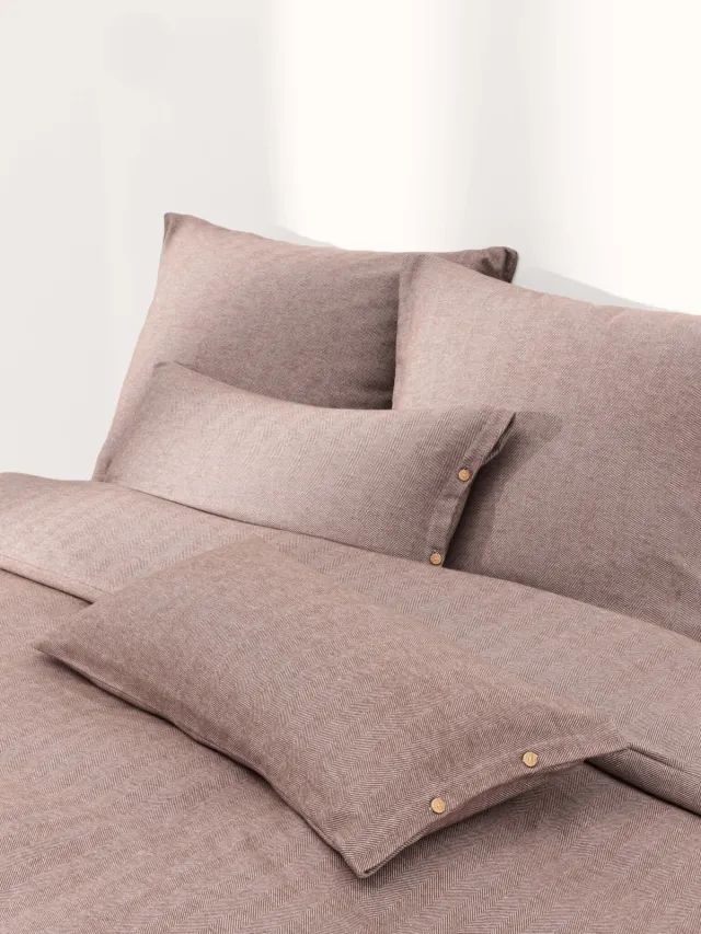Westwing Collection Flanellen dekbedovertrek Wanda met visgraatpatroon Bruin