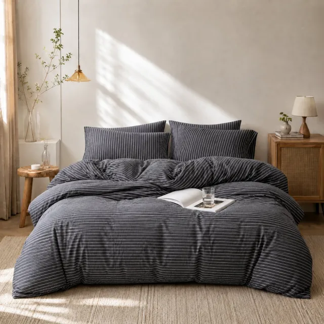 MeiLun Home Soft Living Dekbedovertrek – 240 x 220 cm – 100% katoen – 160 x 200 cm + 32cm Hoeslaken+ 2 kussenslopen van 50 × 70 cm – Mist Stripe – Lits – Jumeaux