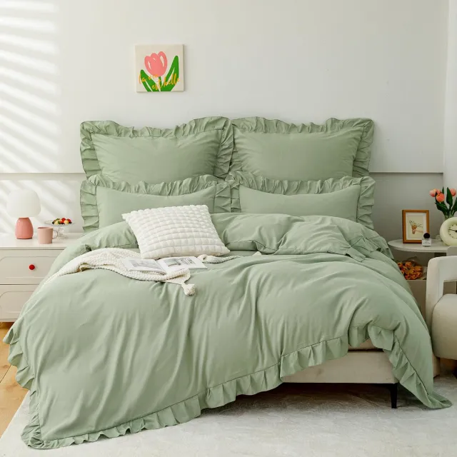 JGS ® Esthetische Lichtgroene Beddengoedset voor Meisjes met Ruches, Zachte Microvezel Dekbedovertrek