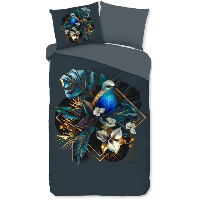 Pure dekbedovertrek bladen en een vogel omlijst in goud - 1 persoons 140x200/220 cm - Donkerblauw - Microvezel Dark Blue
