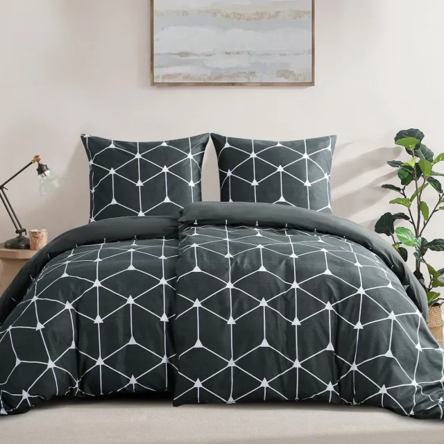 Unyqoos Beddengoed Set van Zacht Microvezel met Dubbelzijdige Kleurencombinatie voor Comfort Geometrisch antraciet