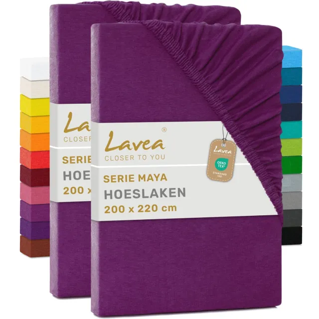 lavea Set van 2 Hoeslakens 200x220 cm – 100% Zacht en Ademend Katoen – voor Dikke Matrassen tot 35 cm – Jersey met Elastiek rondom – Lila