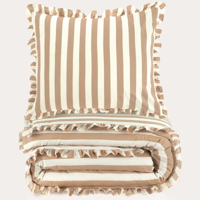NOUS Living katoenen dekbedovertrek gestreept ruffle beige