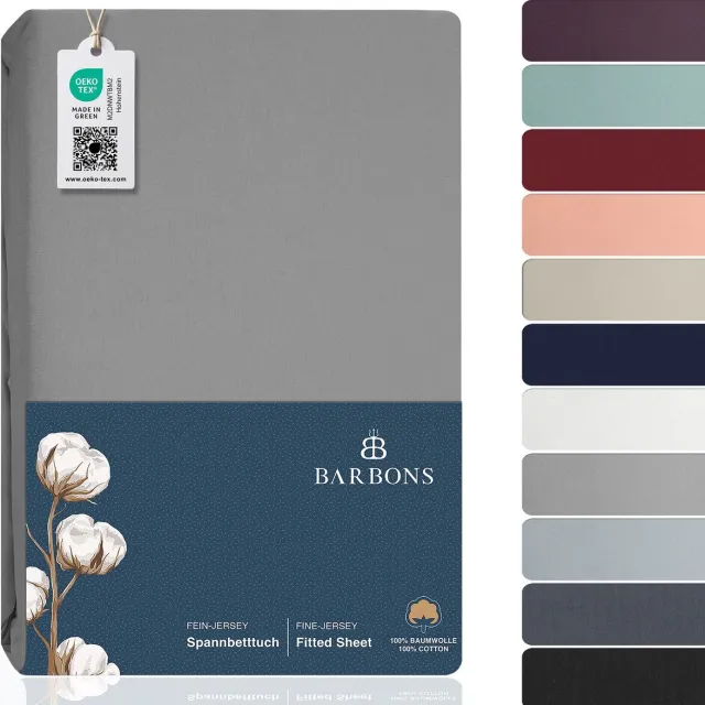 BARBONS hoeslaken 180 x 200 - hoeslakens Jersey 145 g/m² - 100% katoen - lichtgrijs