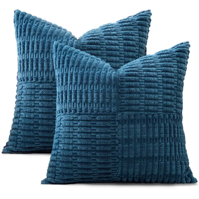 Unyqoos Set van 2 decoratieve corduroy kussenslopen met strepen voor een stijlvol interieur Stofblauw