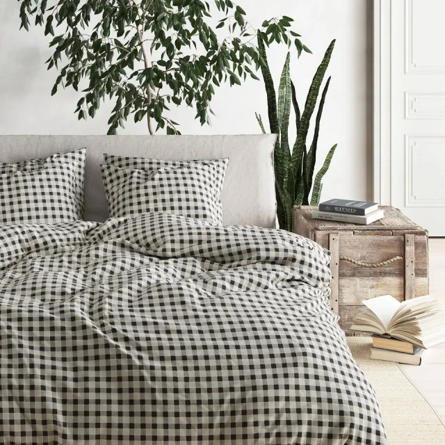 Mistral Home DEKBEDOVERTREK - recycled katoen renforcé - 240 x 220 cm + 2x 65 x 65 cm - lits-jumeaux - ruiten - grijs- Duurzaam Grijs/Écru