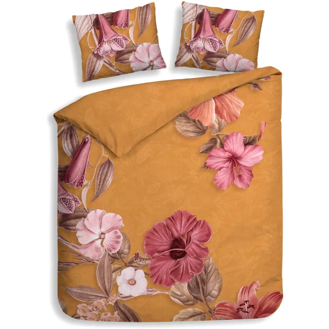 Heckettlane Dekbedovertrek Malu - Dekbed met instopstrook - Oranje - Dekbedovertrek van 100% Katoen-Satijn - Bloemen - 200x200-220 cm + 2 slopen 60/70 cm Malu Orange