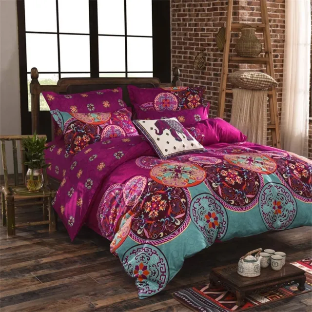 Unyqoos ® Stijlvolle Bohemian Dekbedovertrekset met Mandala-Patroon en Ritssluiting in Kleurrijke Fuchsia en Turkoois roze