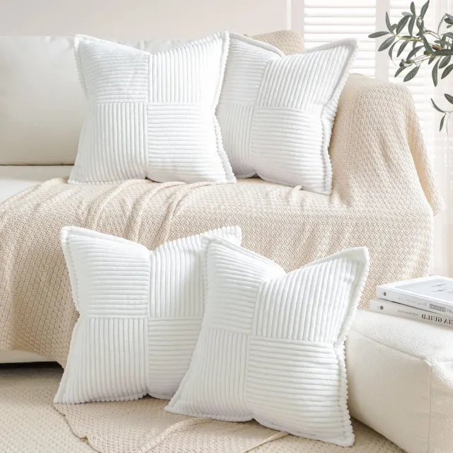 Ibenzoa Set van 4 Decoratieve Corduroy Kussenslopen voor Sierkussens, Bank en Woonkamer, 45x45 cm, Wit