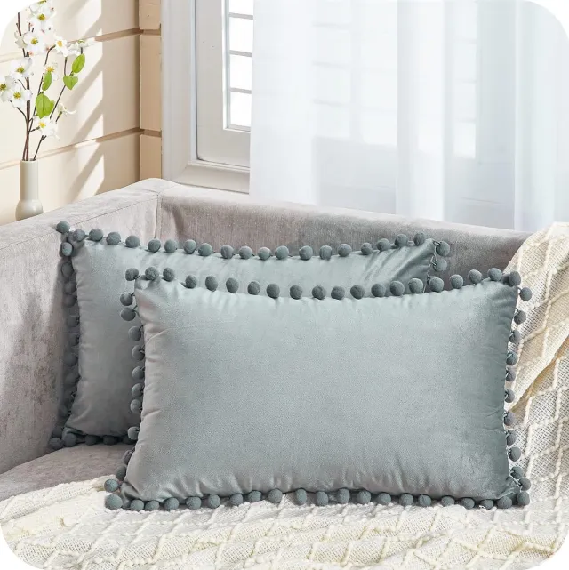 Thuys Fluwelen kussenslopen met pompons, effen, decoratief, hoofdkussen, zitkussen, voor de bank, slaapkamer, kantoor, auto Antraciet