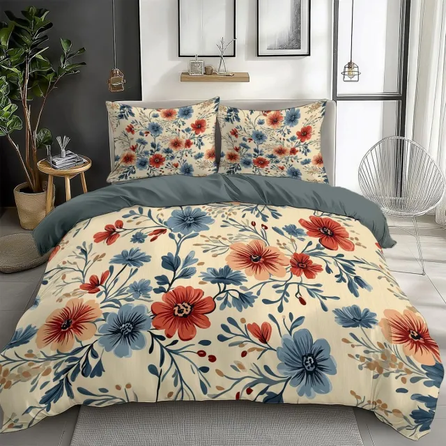 Famanu Soft dekbedovertrek 140 x 200 cm, vintage bloemenprint in grijs/groen, omkeerbaar