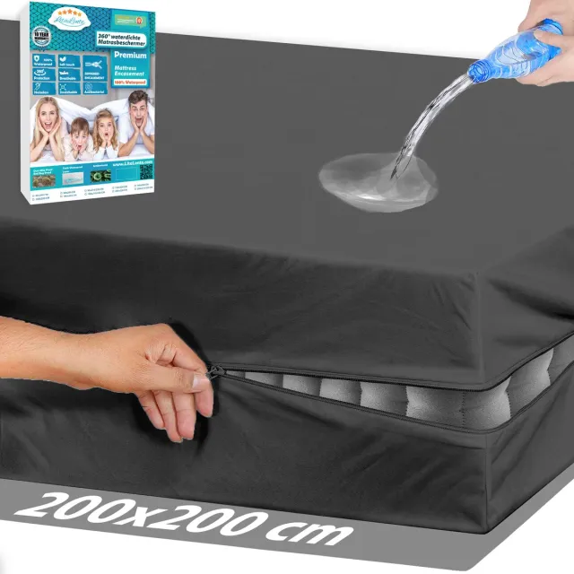 Litalente Luxe Waterdichte Matrashoes Met Rits - Matrasvernieuwer 200 x 200 cm - Antraciet - Anti Bedbug - Allergie, Huisstofmijt en Antibacteriële - 100% Waterdichte en Bedwantsbestendige Matrasbeschermer Molton - Ritssluiting