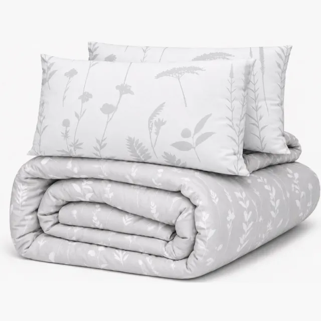decoware Dekbed zonder Overtrek 200x200 cm - Silhouette Leaves - Hoesloos Dekbed Wasbaar - Microvezel - Incl. Kussenslopen - All Season - Tweepersoons Grijs