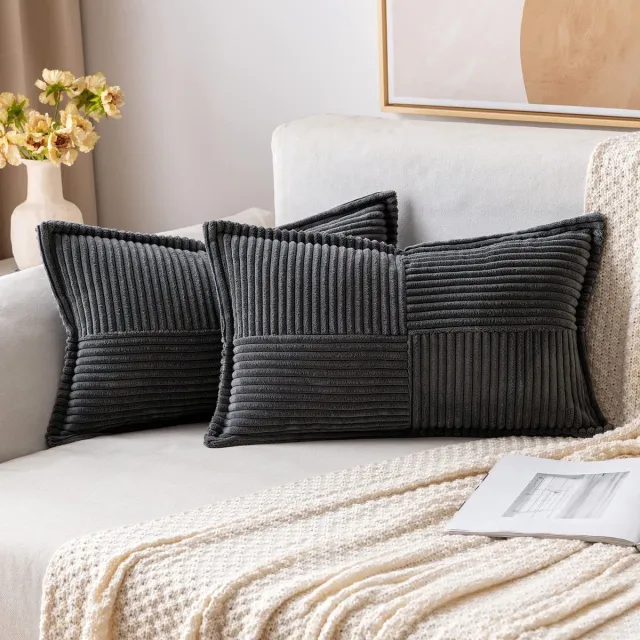 Ibenzoa Set van 2 Luxe Corduroy Kussenslopen voor Moderne Woonkamers en Slaapkamers, Donkergrijs, 30 x 50 cm