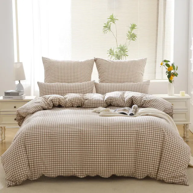 Ibenzoa Exclusieve Luxe Beddengoedset van 100% Katoen met Ruit Design en Ritssluiting, Beige, 135 x 200 cm Bruin